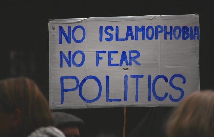 Protest sign reads: "No Islamophobia. No fear politics"