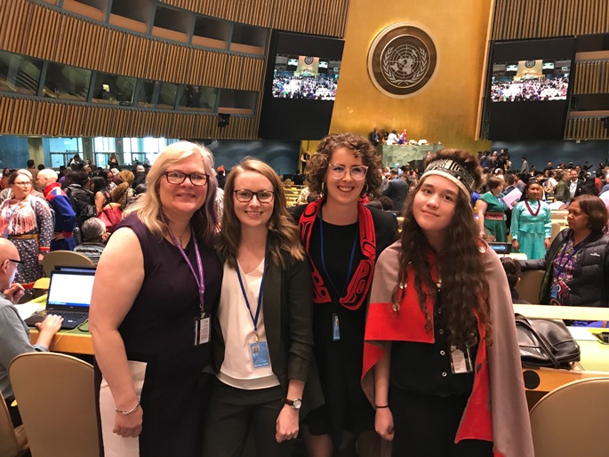 CFSC’s 2019 delegation to the UN Permanent Forum on the Rights of Indigenous Peoples: Jennifer Preston, Keira Mann, Rachel Singleton-Polster, and Haana Edensha