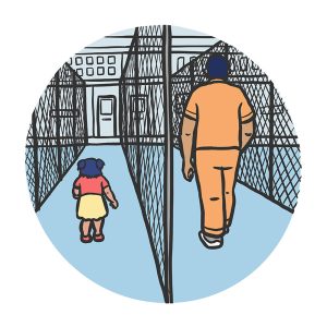 A young girl walks on one side of a prison fence while her father walks on the other side. Incarceration of a parent impacts children's rights.
