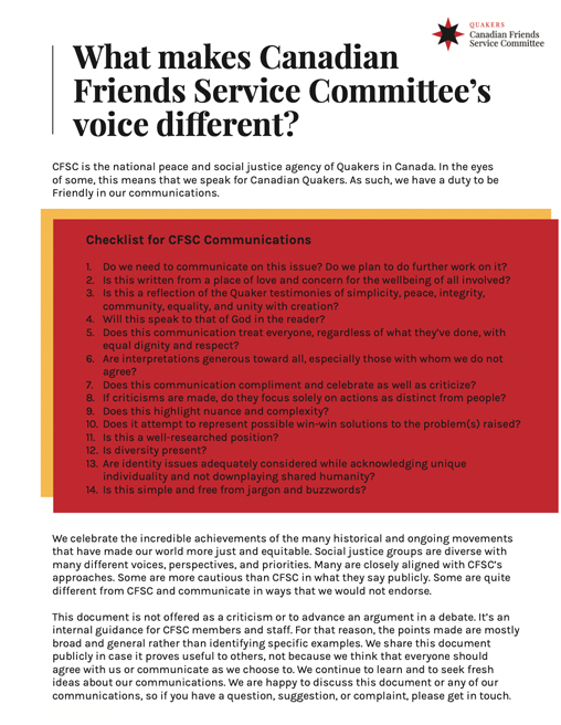 Guidelines used internally by CFSC in communications