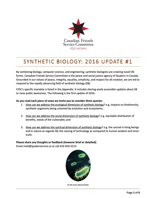 Update on synthetic biology no1 2016