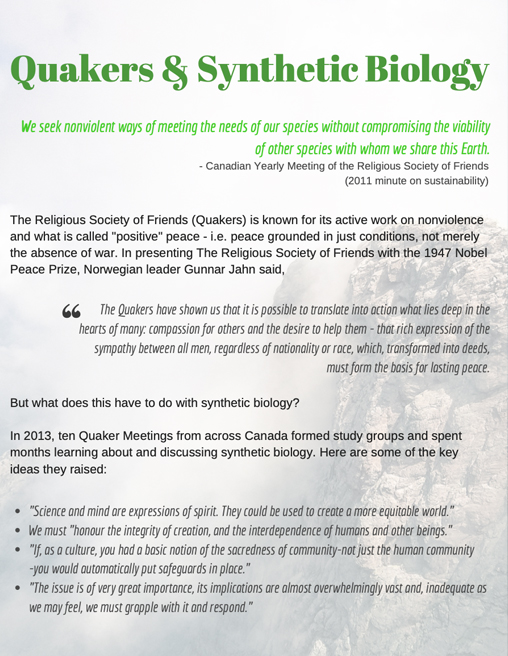 Handout addressing the question, What do Quakers have to do with synthetic biology
