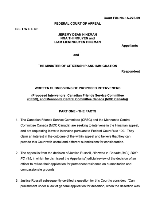 Joint intervention brief to the Federal Court of Appeal Hinzman
