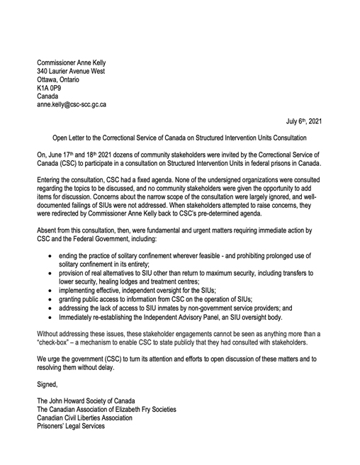 Joint letter calling for major changes to how Canada federal prisons use solitary