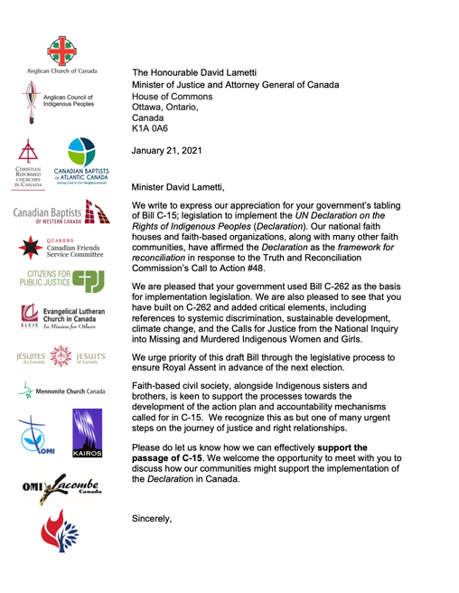 Joint statement by Canadian churches in support of Bill C15 2021