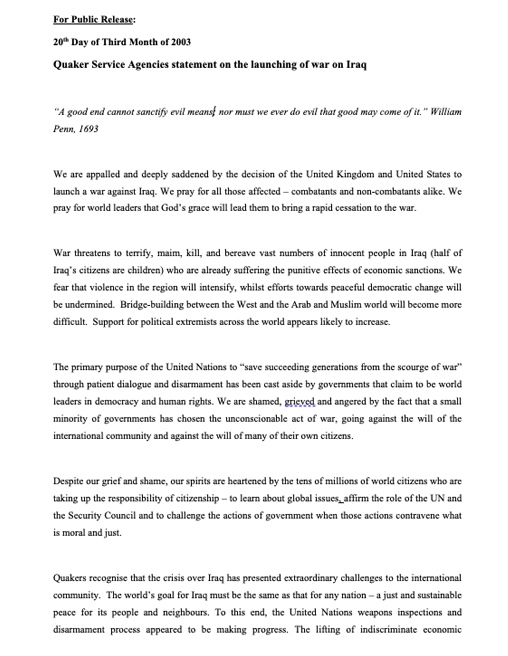 Joint statement by Quaker Service Agencies worldwide on war on Iraq 2003