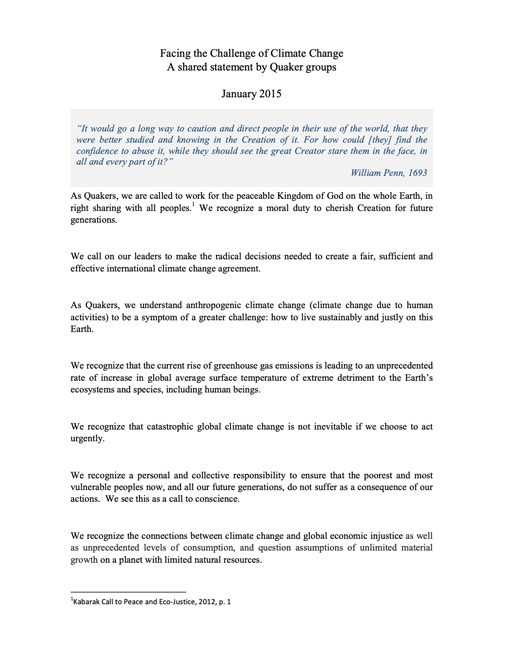 Joint statement by Quaker groups from around the world on facing the challenge of climate change 2015