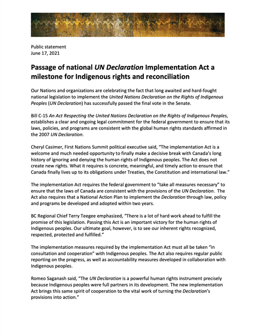 Joint statement celebrating the passage of Bill C-15 a milestone for Indigenous rights and reconciliation 2021