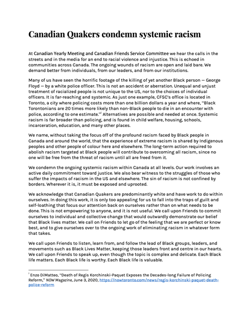 Joint statement condemning systemic racism in Canada and calling on Quakers to take action 2020