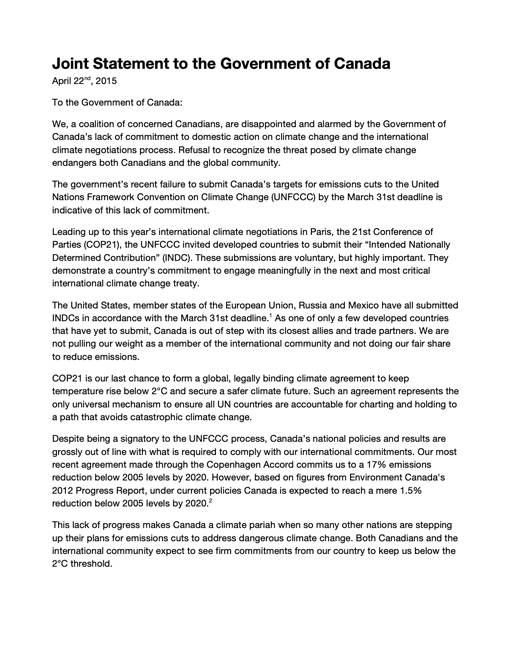 Joint statement on Canadas responsibilities to take more significant action on climate change 2015