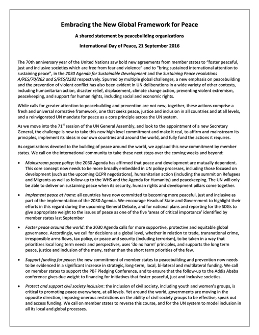 Joint statement on International Day of Peace calling on governments to embrace the new Global Framework for Peace 2016