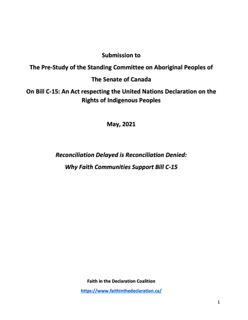 Joint submission by Churches to the Senates Standing Committee on Aboriginal Peoples on Bill C15 2021