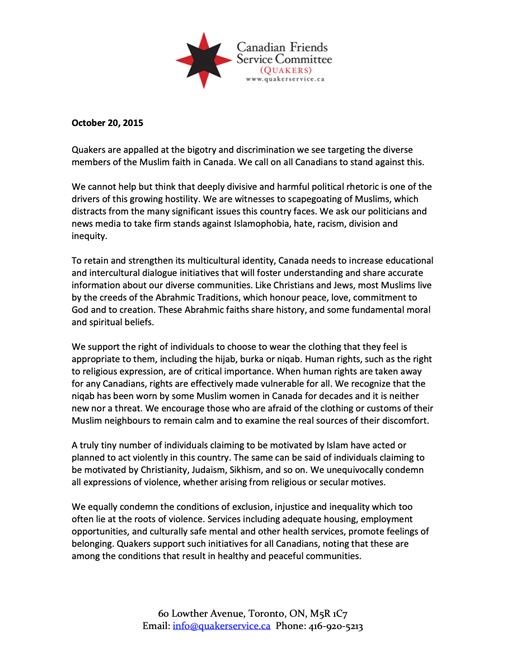 Open letter Quakers appalled by Islamophobia in Canada 2015
