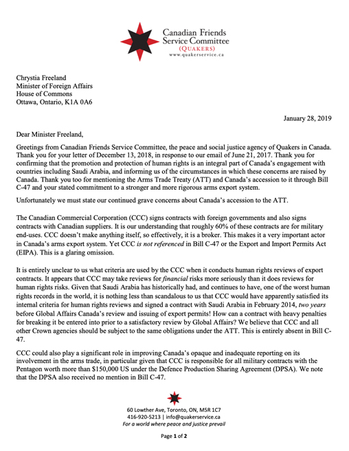Open letter about serious remaining loopholes as Canada accedes to the Arms Trade Treaty 2019