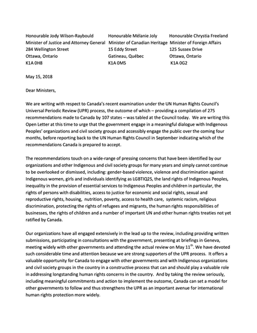 Open letter calling for Canada to implement recommendations from the UN Human Rights Councils Universal Periodic Review 2018