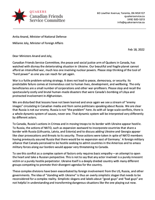 Open letter calling for Canada to pursue diplomacy to help deescalate the situation in the Ukraine. 2022