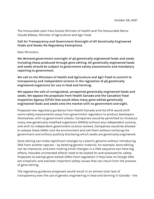 Open letter calling for transparency and government oversight of all genetically engineered foods and seeds 2021
