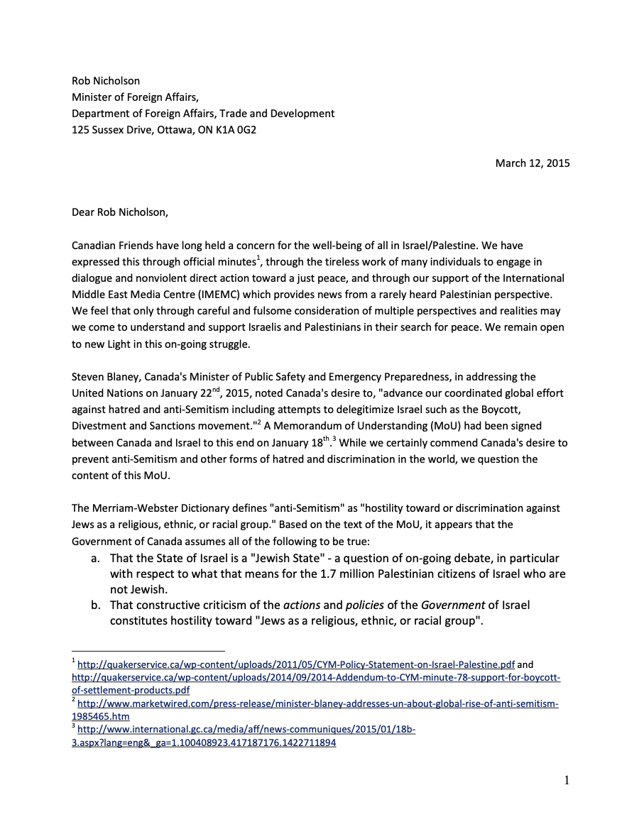 Open letter expressing concerns with Canada Israel Memorandum of Understanding 2015