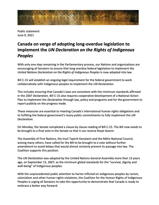 Open letter from the the Coalition for the Human Rights of Indigenous Peoples 2021