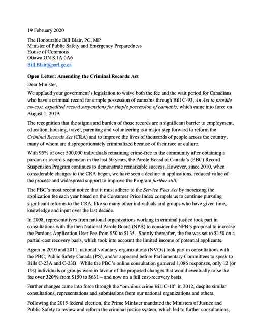Open letter supporting proposed reforms to Canadas Criminal Records.