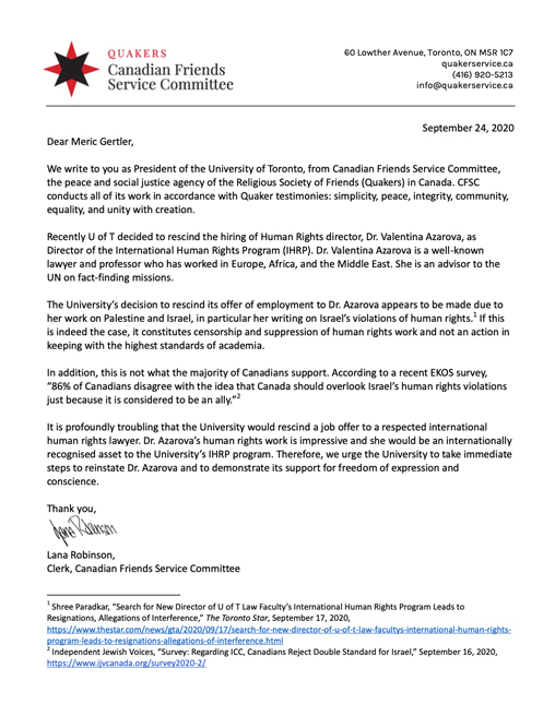 Open letter to the University of Toronto regarding the rescinding of a job offer to Valentina Azarova 2020