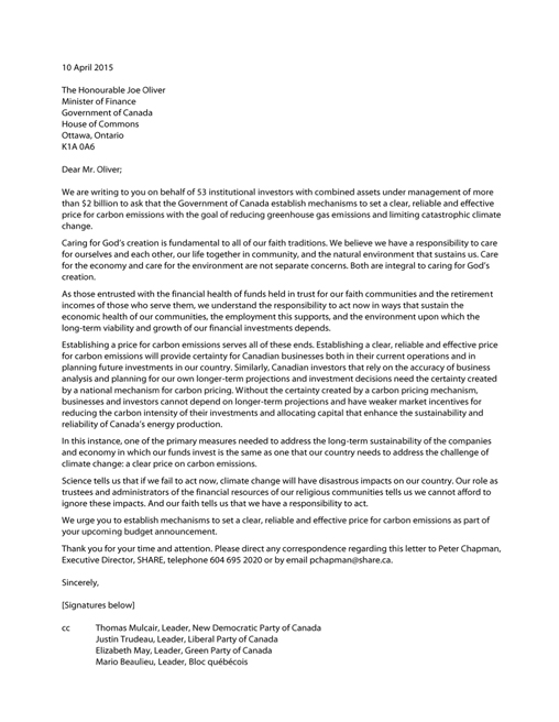 Open letter with 53 religious investors calling for a clear, reliable, and effective price for carbon emissions image.