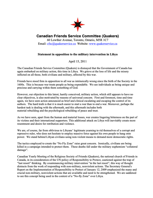 Statement in opposition to the military intervention in Libya 2011