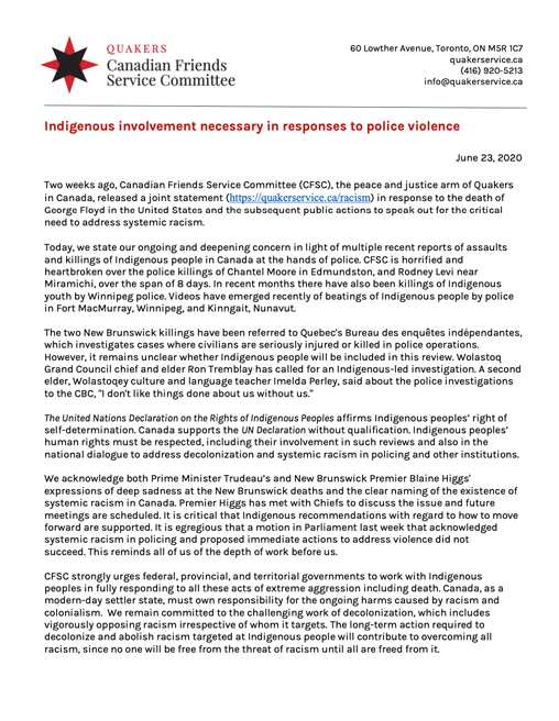 Statement on the need for governments to actively involve Indigenous peoples in responses to police violence 2020