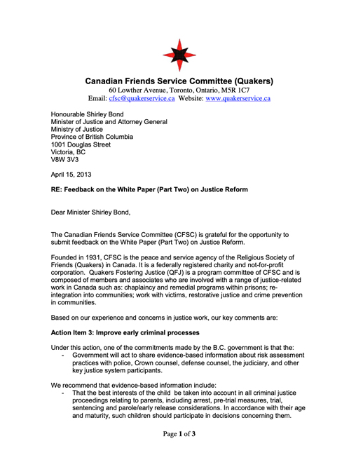 Submission in response to white paper two of the BC Justice Reform Initiative 2013