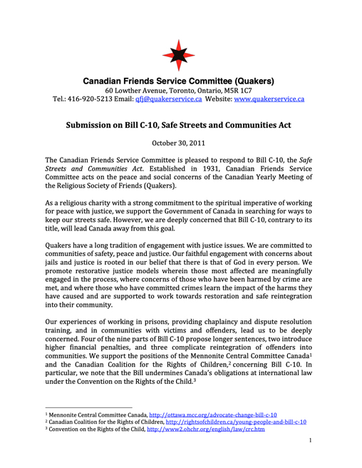 Submission on Bill C-10, Safe Streets 2011