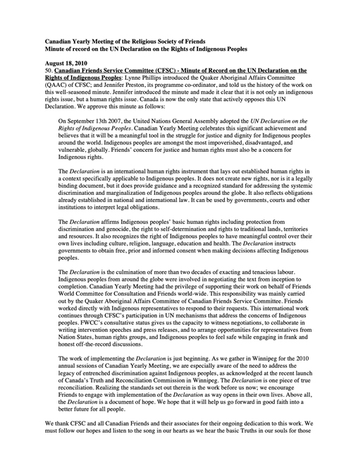 UN Declaration on the Rights of Indigenous Peoples 2010