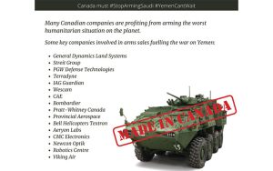 A tank made in Canada is displayed alongside the names of Canadian companies helping to fuel the brutal war on Yemen