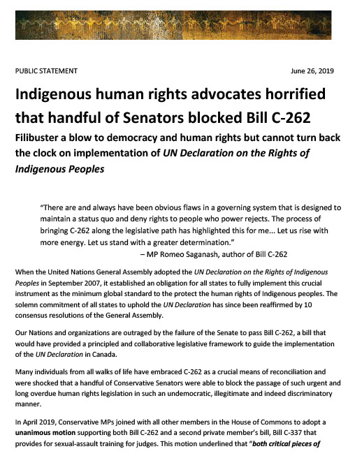 Joint statement: Indigenous human rights advocates horrified that handful of Senators blocked Bill C-262