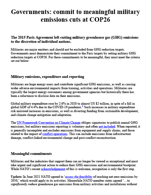 Open letter calling for military carbon emissions transparency and cuts