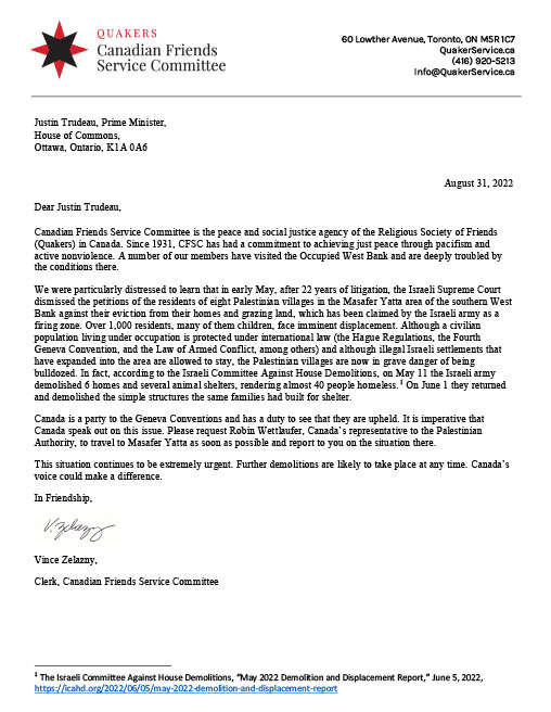 Open letter from Canadian Friends Service Committee to the government of Canada re: Masafer Yatta