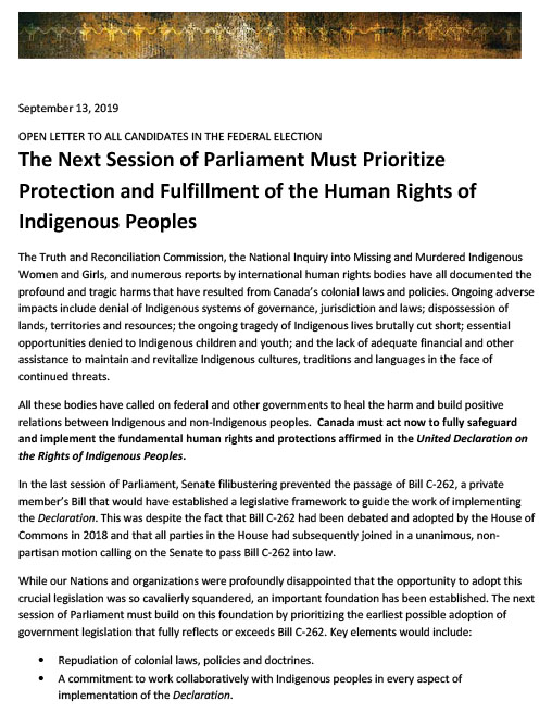 Open letter to all candidates in the federal election calling for parliament to prioritize the human rights of Indigenous peoples.