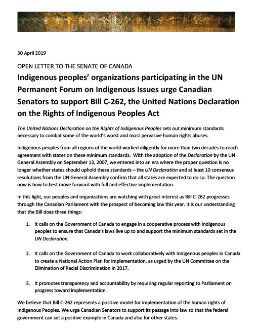 Open letter to the Senate of Canada from attendees of the UN Permanent Forum