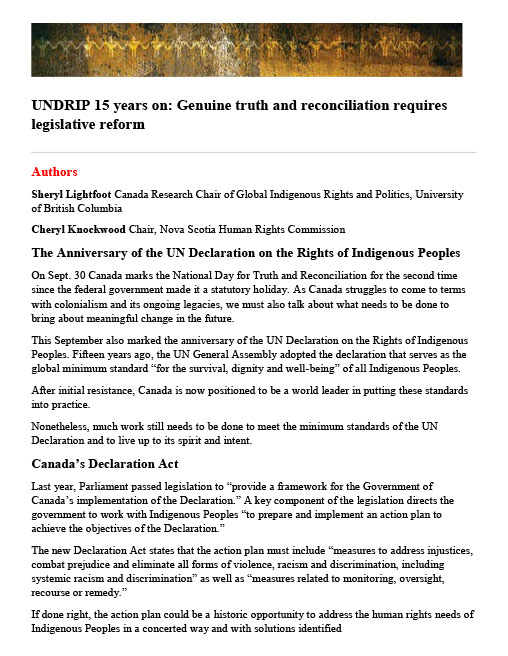 UNDRIP 15 years on: Genuine truth and reconciliation requires legislative reform