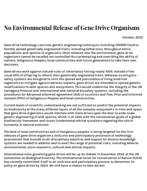 Open letter calling for no environmental release of gene drive organisms. (2022)