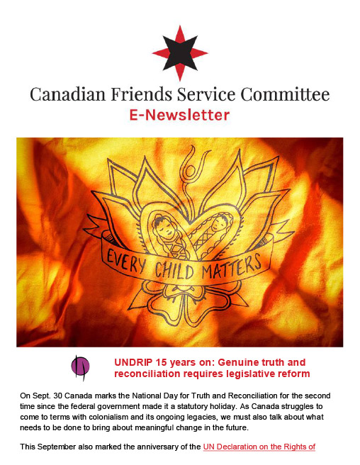 Cover of the Canadian Friends Service Committee E-Newsletter, October, 2022