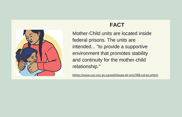 A cartoon of a mother hugging a child, part of a CFSC infographic on the Office of the Correctional Investigator of Canada's Annual Report