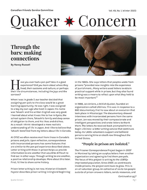 Cover of the Winter 2023 edition of Canadian Friends Service Committee's newsletter Quaker Concern