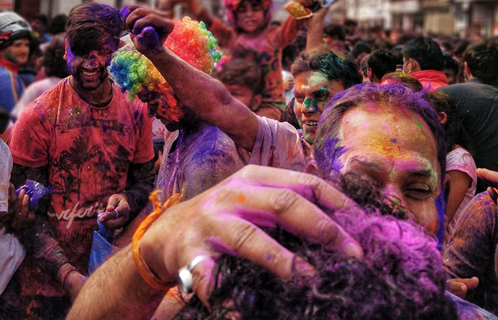 A colourful and joyous scene of people celebrating a ritual together in Gorakhpur, India