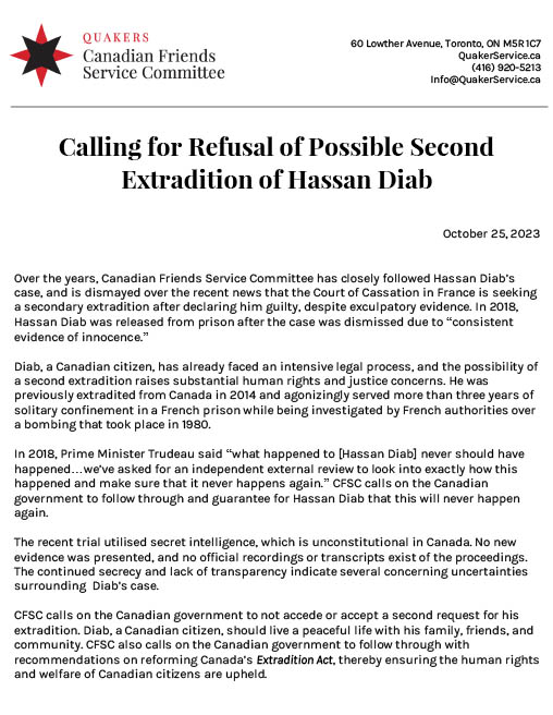Open letter calling for refusal of second extradition of Hassan Diab. (2023)