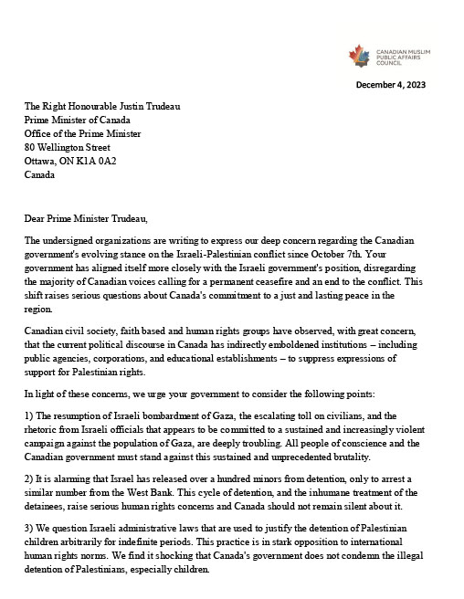 Joint letter to PM to call for a permanent ceasefire in Gaza - Dec 4, 2023