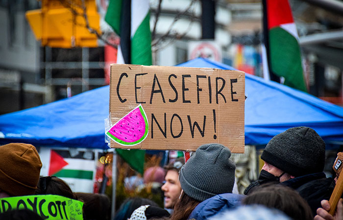 Sign at Dec 2023 protest in Toronto calling for a ceasefire between Israel and Hamas