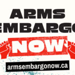 The words "Arms Embargo Now" with two hands breaking a bomb in half