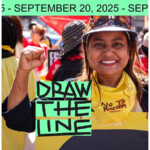 A woman smiles and raises her first in protest with the words "Draw the Line" and "September 20, 2025"