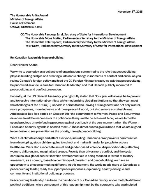 Open letter calling on Canada to show greater leadership in peacebuilding