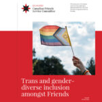 A pride flag is held up in front of a blue sky above the words Trans and gender-diverse inclusion amongst Friends